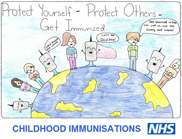 A children's drawing showing young people around the world with vaccination jabs The text reads protect yourself protect others get immunised childhood immunisations NHS